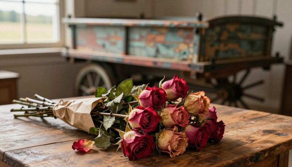 A tightly arranged bouquet of vibrant roses, freshly cut but surprisingly dry, is displayed prominently in the foreground on a textured wooden table. The roses have their stems carefully wrapped in protective paper, emphasizing their fragility, while a few petals appear slightly wilted, hinting at their lack of water. In the middle ground, an old-fashioned transport cart is artistically staged, showcasing a rustic aesthetic with light streaming in from a nearby window, casting soft shadows. The background is blurred, featuring hints of an open field, evoking a warm, nostalgic atmosphere. The scene is enriched by soft, diffused lighting that enhances the colors of the roses while maintaining a serene and contemplative mood, capturing the essence of their temporary state without water. A tightly arranged bouquet of vibrant roses, freshly cut but surprisingly dry, is displayed prominently in the foreground on a textured wooden table. The roses have their stems carefully wrapped in protective paper, emphasizing their fragility, while a few petals appear slightly wilted, hinting at their lack of water. In the middle ground, an old-fashioned transport cart is artistically staged, showcasing a rustic aesthetic with light streaming in from a nearby window, casting soft shadows. The background is blurred, featuring hints of an open field, evoking a warm, nostalgic atmosphere. The scene is enriched by soft, diffused lighting that enhances the colors of the roses while maintaining a serene and contemplative mood, capturing the essence of their temporary state without water.