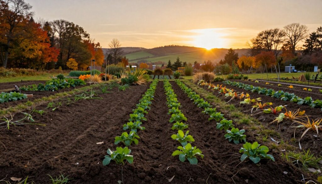 A tranquil autumn landscape depicting garden beds prepared for winter planting. In the foreground, rich, dark soil with fresh till marks, interspersed with small patches of vibrant green cover crops. The middle ground features neatly arranged rows of garden plots, each flanked by earthy mounds and remnants of summer vegetables. In the background, a golden sun sets behind rolling hills, casting a warm, soft glow over the scene, accentuating the warmth of fall colors in the surrounding foliage. The atmosphere exudes tranquility and anticipation, encouraging the viewer to envision future winter crops sprouting. Use a wide-angle lens to capture the breadth of the garden, with a soft focus on the horizon. Overall, the image should evoke a sense of preparation and seasonal change. A tranquil autumn landscape depicting garden beds prepared for winter planting. In the foreground, rich, dark soil with fresh till marks, interspersed with small patches of vibrant green cover crops. The middle ground features neatly arranged rows of garden plots, each flanked by earthy mounds and remnants of summer vegetables. In the background, a golden sun sets behind rolling hills, casting a warm, soft glow over the scene, accentuating the warmth of fall colors in the surrounding foliage. The atmosphere exudes tranquility and anticipation, encouraging the viewer to envision future winter crops sprouting. Use a wide-angle lens to capture the breadth of the garden, with a soft focus on the horizon. Overall, the image should evoke a sense of preparation and seasonal change.