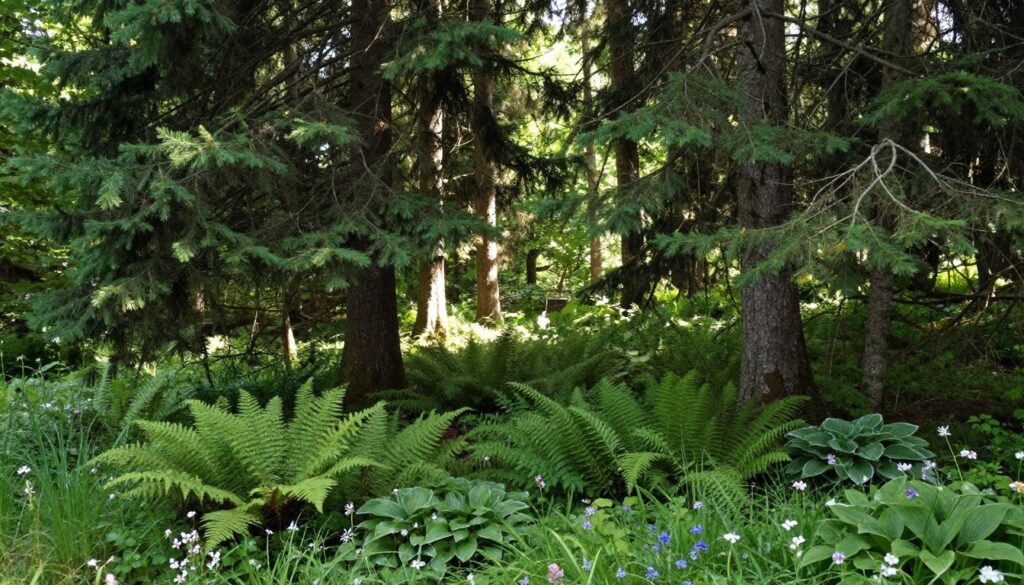 A tranquil forest scene featuring lush, green plants growing under tall, majestic spruces. In the foreground, a variety of shade-tolerant ground cover plants like ferns, hostas, and low-growing wildflowers create a vibrant carpet of textures and colors. The middle ground shows the sturdy bark and deep green needles of the spruces, with dappled sunlight filtering through the branches, creating an inviting play of light and shadow. In the background, soft-focus outlines of other dense trees add depth, enhancing the serenity of the woodland atmosphere. The scene evokes a sense of peaceful coexistence, emphasizing the importance of selecting compatible plants and soil preparation for a thriving under-spruce environment. Soft, natural lighting enhances the lushness and tranquility of this woodland setting. A tranquil forest scene featuring lush, green plants growing under tall, majestic spruces. In the foreground, a variety of shade-tolerant ground cover plants like ferns, hostas, and low-growing wildflowers create a vibrant carpet of textures and colors. The middle ground shows the sturdy bark and deep green needles of the spruces, with dappled sunlight filtering through the branches, creating an inviting play of light and shadow. In the background, soft-focus outlines of other dense trees add depth, enhancing the serenity of the woodland atmosphere. The scene evokes a sense of peaceful coexistence, emphasizing the importance of selecting compatible plants and soil preparation for a thriving under-spruce environment. Soft, natural lighting enhances the lushness and tranquility of this woodland setting.