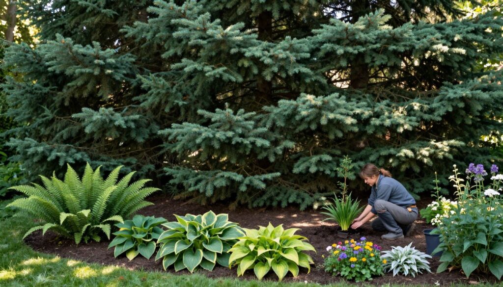 A tranquil garden scene depicting the planting of various shade-tolerant plants beneath tall, lush evergreen fir trees. In the foreground, illustrate carefully arranged clusters of green ferns, colorful hostas, and small flowering plants, showcasing their vibrant foliage. Use soft, diffused lighting to create a serene mood, with gentle sunlight filtering through the branches, casting dappled shadows on the ground. The middle ground features freshly turned soil, emphasizing the recent planting activity. In the background, a dense forest of fir trees stands tall, their deep green needles contrasting with the lighter colors of the plants below. Capture the essence of nurturing and care in the gardener’s attentive posture as they gently tend to the new plants, creating a calm and inviting atmosphere. A tranquil garden scene depicting the planting of various shade-tolerant plants beneath tall, lush evergreen fir trees. In the foreground, illustrate carefully arranged clusters of green ferns, colorful hostas, and small flowering plants, showcasing their vibrant foliage. Use soft, diffused lighting to create a serene mood, with gentle sunlight filtering through the branches, casting dappled shadows on the ground. The middle ground features freshly turned soil, emphasizing the recent planting activity. In the background, a dense forest of fir trees stands tall, their deep green needles contrasting with the lighter colors of the plants below. Capture the essence of nurturing and care in the gardener’s attentive posture as they gently tend to the new plants, creating a calm and inviting atmosphere.