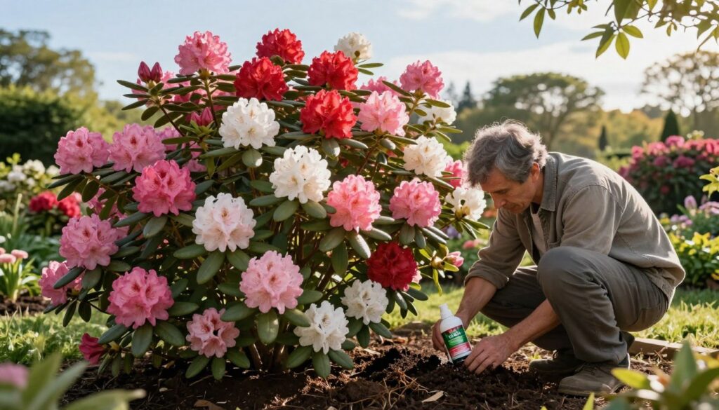 A tranquil garden scene featuring vibrant rhododendrons in full bloom, showcasing various stages of their flowering process. In the foreground, a gardener in modest casual clothing gently applies organic fertilizer around the roots of the lush plants, focusing on the soil rich with nutrients. The middle ground is filled with an array of colorful rhododendron blossoms in shades of pink, red, and white, glistening in soft morning light. The background features a serene landscape with green foliage and a blue sky, creating a peaceful atmosphere. Soft sunlight filters through the leaves, casting delicate shadows on the ground, invoking a sense of calm and care in the nurturing process. The overall mood is serene, educational, and focused on horticultural best practices.
