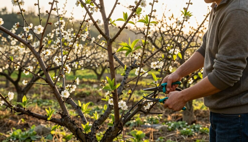 A tranquil garden scene in early spring, showcasing the process of pruning plum trees. In the foreground, a gardener in modest casual clothing carefully clips branches of a vibrant plum tree, using sharp pruning shears. The middle ground features blooming plum flowers and healthy green leaves, creating a lush appearance. In the background, more plum trees can be seen, with a soft focus that hints at a serene garden landscape. The light is warm and golden, suggesting a late afternoon setting, with gentle sunlight filtering through the branches, casting dappled shadows. The atmosphere is calm and nurturing, emphasizing the importance of seasonal pruning for the health and fruitfulness of trees. A tranquil garden scene in early spring, showcasing the process of pruning plum trees. In the foreground, a gardener in modest casual clothing carefully clips branches of a vibrant plum tree, using sharp pruning shears. The middle ground features blooming plum flowers and healthy green leaves, creating a lush appearance. In the background, more plum trees can be seen, with a soft focus that hints at a serene garden landscape. The light is warm and golden, suggesting a late afternoon setting, with gentle sunlight filtering through the branches, casting dappled shadows. The atmosphere is calm and nurturing, emphasizing the importance of seasonal pruning for the health and fruitfulness of trees.
