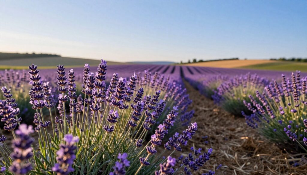 A tranquil lavender field in Poland, showcasing the vibrant purple blossoms under a clear blue sky. In the foreground, a close-up of healthy lavender plants swaying gently in a light breeze, with dew drops glistening on their leaves. The middle ground features rows of blooming lavender, stretching towards the horizon, illuminated by warm sunlight that creates soft shadows and highlights. The background includes rolling hills and distant trees, indicating the scenic countryside. The atmosphere is serene and uplifting, reflecting the ideal weather conditions for lavender blooming. The lighting is soft and golden, resembling the golden hour before sunset, enhancing the colors of the lavender and landscape. The image conveys a sense of calm and beauty, inviting the viewer to appreciate the natural conditions that promote blooming. A tranquil lavender field in Poland, showcasing the vibrant purple blossoms under a clear blue sky. In the foreground, a close-up of healthy lavender plants swaying gently in a light breeze, with dew drops glistening on their leaves. The middle ground features rows of blooming lavender, stretching towards the horizon, illuminated by warm sunlight that creates soft shadows and highlights. The background includes rolling hills and distant trees, indicating the scenic countryside. The atmosphere is serene and uplifting, reflecting the ideal weather conditions for lavender blooming. The lighting is soft and golden, resembling the golden hour before sunset, enhancing the colors of the lavender and landscape. The image conveys a sense of calm and beauty, inviting the viewer to appreciate the natural conditions that promote blooming.