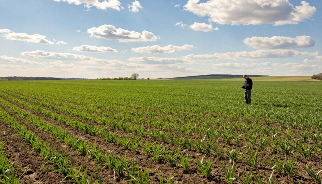 A vast agricultural field during the early spring season, showcasing the ideal sowing window for spring triticale in Poland. In the foreground, a lush green landscape with rows of freshly tilled soil, ready for planting, dotted with small sprouting plants. The middle ground features a farmer in professional attire, examining soil moisture, representing the critical agricultural signals for sowing. In the background, a bright blue sky with soft, fluffy clouds, and distant rolling hills under warm sunlight, creating a hopeful and productive atmosphere. The scene is captured with a wide-angle lens, emphasizing the expansive field and emphasizing the harmony of nature and agriculture during this crucial time. A vast agricultural field during the early spring season, showcasing the ideal sowing window for spring triticale in Poland. In the foreground, a lush green landscape with rows of freshly tilled soil, ready for planting, dotted with small sprouting plants. The middle ground features a farmer in professional attire, examining soil moisture, representing the critical agricultural signals for sowing. In the background, a bright blue sky with soft, fluffy clouds, and distant rolling hills under warm sunlight, creating a hopeful and productive atmosphere. The scene is captured with a wide-angle lens, emphasizing the expansive field and emphasizing the harmony of nature and agriculture during this crucial time.