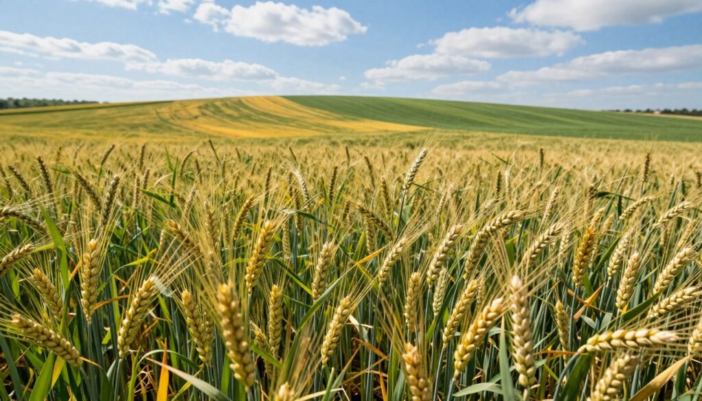 A vibrant agricultural landscape depicting the growth stage of winter wheat with an emphasis on sulfur application. In the foreground, healthy wheat stalks sway gently, their golden heads laden with ripening grains, showing signs of fullness. The middle ground features rolling fields with patches of rich green and hints of yellow, where sulfur application is visibly benefiting the crop. In the background, a clear blue sky with soft white clouds adds brightness to the scene, symbolizing a favorable growing season. The image is captured in soft daylight, with a slightly elevated angle to provide depth, highlighting the contrast between the lush plants and the soil beneath. The overall atmosphere conveys a sense of growth, vitality, and the importance of proper nutrient management in agriculture. A vibrant agricultural landscape depicting the growth stage of winter wheat with an emphasis on sulfur application. In the foreground, healthy wheat stalks sway gently, their golden heads laden with ripening grains, showing signs of fullness. The middle ground features rolling fields with patches of rich green and hints of yellow, where sulfur application is visibly benefiting the crop. In the background, a clear blue sky with soft white clouds adds brightness to the scene, symbolizing a favorable growing season. The image is captured in soft daylight, with a slightly elevated angle to provide depth, highlighting the contrast between the lush plants and the soil beneath. The overall atmosphere conveys a sense of growth, vitality, and the importance of proper nutrient management in agriculture.