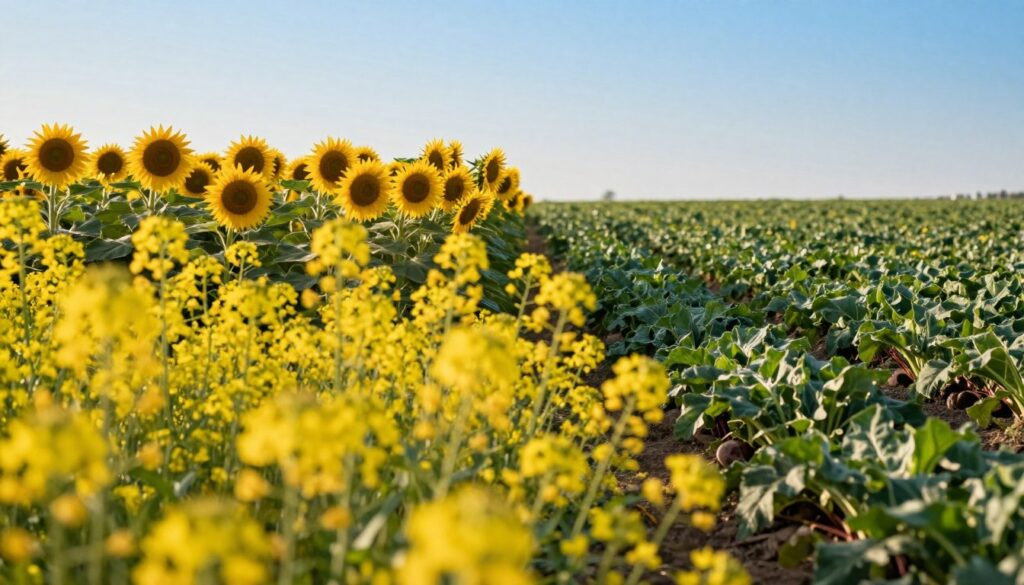 A vibrant agricultural landscape featuring oilseed and sugar crops, with bright yellow flowering canola in the foreground, rich green sunflowers standing tall in the middle ground, and rows of lush, dark green sugar beets in the background. The scene should be bathed in warm, golden sunlight, enhancing the colors of the plants, with a clear blue sky overhead. A shallow depth of field focuses on the canola blooms, creating a beautiful bokeh effect that softens the background. The mood is one of prosperity and growth, capturing the essence of a productive farming environment. No people or text should be present, allowing the natural beauty of the crops to take center stage. A vibrant agricultural landscape featuring oilseed and sugar crops, with bright yellow flowering canola in the foreground, rich green sunflowers standing tall in the middle ground, and rows of lush, dark green sugar beets in the background. The scene should be bathed in warm, golden sunlight, enhancing the colors of the plants, with a clear blue sky overhead. A shallow depth of field focuses on the canola blooms, creating a beautiful bokeh effect that softens the background. The mood is one of prosperity and growth, capturing the essence of a productive farming environment. No people or text should be present, allowing the natural beauty of the crops to take center stage.
