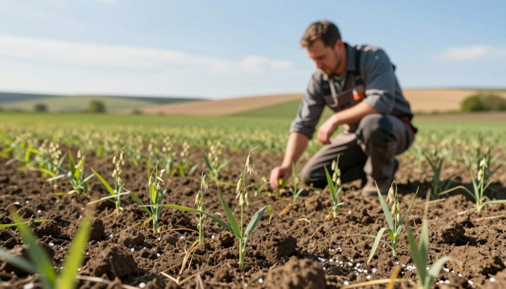 A vibrant, agricultural landscape in Poland showcasing a field prepared for oat cultivation. In the foreground, healthy oat plants just sprouting from well-tilled soil, with visible fertilizer granules scattered around the base of the plants, emphasizing pre-sowing fertilizer application. The middle ground features a farmer in professional work attire, kneeling and inspecting the soil, symbolizing the importance of nutrient management. The background includes rolling hills under a clear blue sky, with a hint of distant trees and a soft sun casting warm, natural light over the scene. Focus on a shallow depth of field to highlight the farmer and the oat sprouts, creating a serene and optimistic atmosphere around the theme of successful crop growth in Poland.