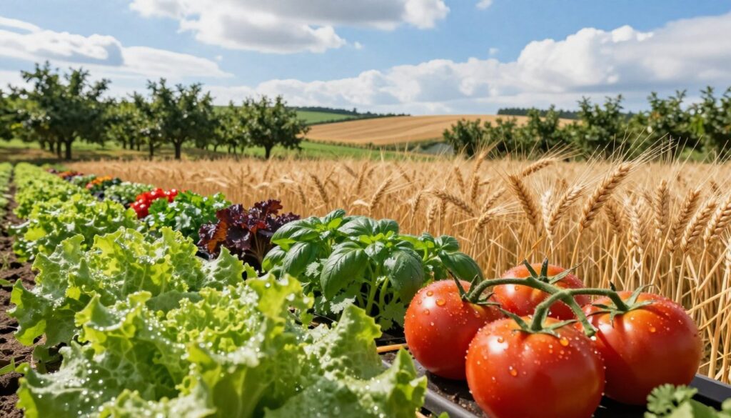 A vibrant agricultural landscape showcasing diverse crops ideal for profitability on both small and large farms. In the foreground, a close-up of lush green lettuce and vibrant red tomatoes, glistening with morning dew. In the middle ground, rows of golden wheat swaying gently, interspersed with colorful patches of herbs like basil and cilantro. The background features a panoramic view of rolling hills dotted with mature orchards and fields of corn, under a bright blue sky with fluffy white clouds. Soft, natural lighting enhances the freshness of the produce, capturing a serene and productive atmosphere. The scene should evoke a sense of abundance and opportunity for farmers. A vibrant agricultural landscape showcasing diverse crops ideal for profitability on both small and large farms. In the foreground, a close-up of lush green lettuce and vibrant red tomatoes, glistening with morning dew. In the middle ground, rows of golden wheat swaying gently, interspersed with colorful patches of herbs like basil and cilantro. The background features a panoramic view of rolling hills dotted with mature orchards and fields of corn, under a bright blue sky with fluffy white clouds. Soft, natural lighting enhances the freshness of the produce, capturing a serene and productive atmosphere. The scene should evoke a sense of abundance and opportunity for farmers.