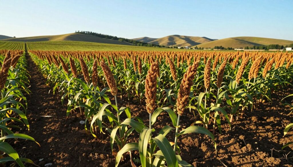 A vibrant agricultural landscape showcasing healthy proso millet growing in rich, fertile soil. In the foreground, individual millet plants stand tall with their distinctive seed heads, glistening in the sunlight. The middle ground features rows of lush green millet fields, exhibiting the varied stages of growth, each plant thriving in optimal conditions. In the background, gentle rolling hills are dotted with patches of trees and a clear blue sky overhead, with soft, warm sunlight illuminating the scene, casting natural shadows. Capture the essence of a bountiful harvest, emphasizing the importance of soil quality for high yields. Use a wide-angle lens to encapsulate the expansive view, creating an inviting and serene atmosphere that highlights the beauty of this vital crop.