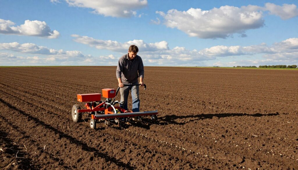 A vibrant agricultural scene depicting a farmer preparing a field for sowing cover crops. In the foreground, a farmer dressed in casual work attire, focused on the task at hand, is using a modern seed drill to evenly distribute seeds across the freshly tilled soil. The middle ground features a rich, dark soil spread across the field, with small tilled furrows forming a neat pattern. The background showcases a bright blue sky with fluffy white clouds, hinting at a sunny day perfect for farming. Soft, warm lighting highlights the farmer's effort, creating a productive and hopeful atmosphere, emphasizing minimal mechanization for maximum growth potential. The angle is slightly elevated, offering a comprehensive view of the entire field. A vibrant agricultural scene depicting a farmer preparing a field for sowing cover crops. In the foreground, a farmer dressed in casual work attire, focused on the task at hand, is using a modern seed drill to evenly distribute seeds across the freshly tilled soil. The middle ground features a rich, dark soil spread across the field, with small tilled furrows forming a neat pattern. The background showcases a bright blue sky with fluffy white clouds, hinting at a sunny day perfect for farming. Soft, warm lighting highlights the farmer's effort, creating a productive and hopeful atmosphere, emphasizing minimal mechanization for maximum growth potential. The angle is slightly elevated, offering a comprehensive view of the entire field.