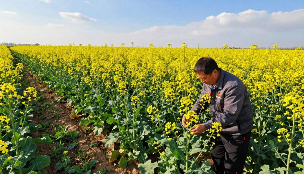 A vibrant agricultural scene depicting a field of flourishing rapeseed (canola) plants after winter. In the foreground, a farmer in professional attire inspects the bright yellow flowers, examining their health and regrowth. The middle ground features rows of strong, green foliage, with some areas showing early blooming flowers, suggesting a productive harvest ahead. The background includes a clear blue sky with soft white clouds, enhancing the sense of a sunny spring day. The lighting is warm and bright, creating an optimistic and hopeful atmosphere. The composition is shot from a slightly elevated angle, allowing for a panoramic view of the thriving plantation and emphasizing the connection to the land and the importance of careful fertilizer application.