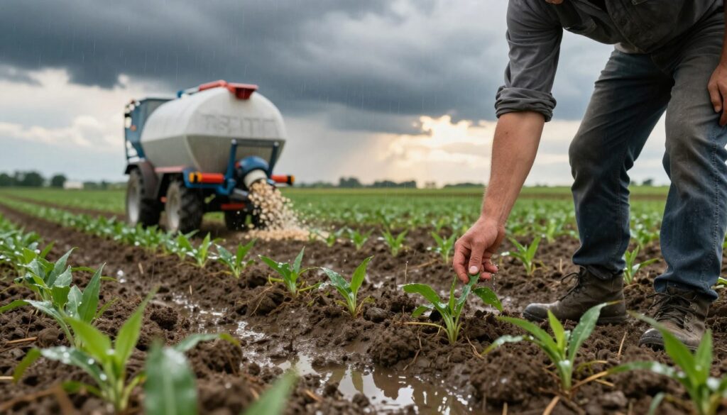 A vibrant agricultural scene depicting the risks of applying fertilizers to wet crops after rain. In the foreground, a farmer wearing professional casual clothing examines muddy soil intertwined with young green plants, showcasing water saturation. The middle ground reveals a half-rolled-out fertilizer spreader, with some granules spilling onto the wet ground. In the background, dark rain clouds loom, hinting at recent precipitation, while patches of sunlight break through, creating a dramatic chiaroscuro effect. The overall mood is a mix of tension and caution, emphasizing the potential dangers of the farming practice. The scene is captured with a shallow depth of field, focusing on the farmer and the soil textures, evoking both an educational and contemplative atmosphere.