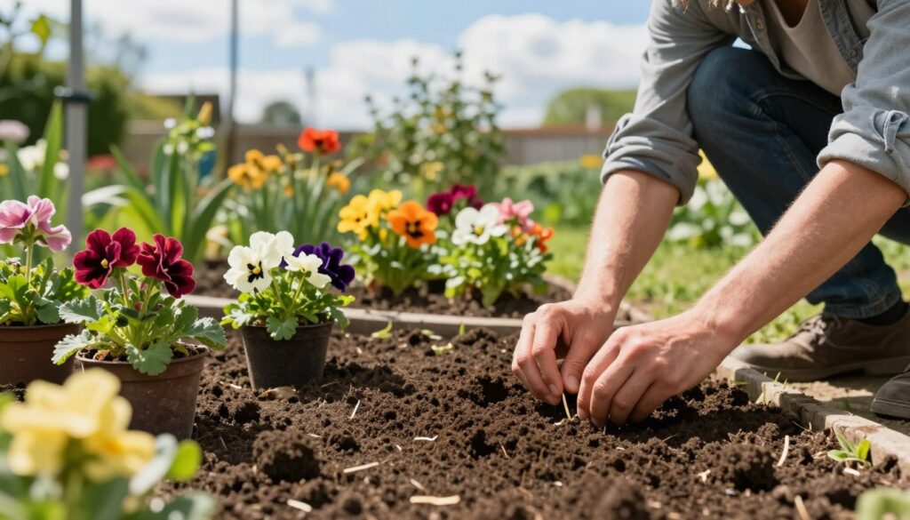 A vibrant and detailed garden scene showcasing the sowing times of flower seeds in Poland. In the foreground, a gardener, dressed in modest casual clothing, is planting seeds in rich, dark soil, surrounded by small pots of blooming flowers indicating different sowing times. The middle ground features colorful flower beds filled with an assortment of flowers in various stages of growth, displaying lush greens and bright hues. In the background, a clear blue sky with soft clouds promises a sunny day, enhancing the feeling of warmth and optimism. Soft, natural lighting bathes the scene, creating inviting shadows that add depth. The overall atmosphere is one of tranquility and enthusiasm for gardening, perfect for illustrating the importance of sowing times for robust seedlings and prolonged blooming.