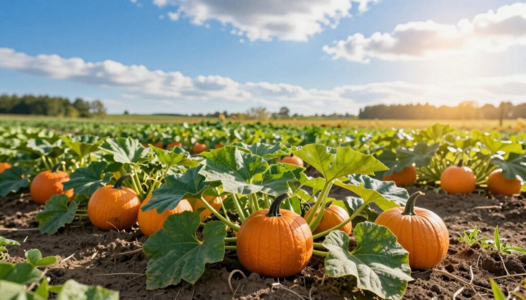 A vibrant and detailed scene of pumpkin plants flourishing in a sunlit garden in Poland during late spring. In the foreground, healthy green pumpkin leaves spread out, with bright orange pumpkins dotting the vines, showcasing varying sizes and shapes. In the middle ground, rows of young pumpkin plants are emerging from rich, dark soil, suggesting their growth cycle. The background features a soft-focus view of a clear blue sky, dotted with wispy clouds, under golden sun rays casting a warm glow. The atmosphere is lively and optimistic, symbolizing hope and the promising start of the growing season. The image should evoke a sense of abundance and growth. A vibrant and detailed scene of pumpkin plants flourishing in a sunlit garden in Poland during late spring. In the foreground, healthy green pumpkin leaves spread out, with bright orange pumpkins dotting the vines, showcasing varying sizes and shapes. In the middle ground, rows of young pumpkin plants are emerging from rich, dark soil, suggesting their growth cycle. The background features a soft-focus view of a clear blue sky, dotted with wispy clouds, under golden sun rays casting a warm glow. The atmosphere is lively and optimistic, symbolizing hope and the promising start of the growing season. The image should evoke a sense of abundance and growth.
