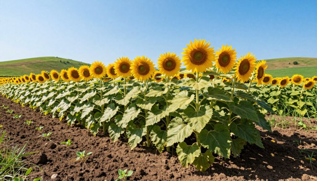 A vibrant and fertile sunflower field depicted under a bright blue sky, illustrating optimal growing conditions. In the foreground, rich, dark brown soil with small plants sprouting, showcasing the texture and moisture levels of high-quality soil. The middle ground features towering sunflowers in varying stages of bloom, their large yellow heads turned towards the sun, emphasizing the importance of sunlight for growth. Surrounding the field, gentle hills provide a natural windbreak, with patches of green grass and scattered wildflowers creating a harmonious atmosphere. Soft, warm sunlight filters through, casting gentle shadows and highlighting the lush greenery, evoking a sense of abundance and vitality. The image's angle captures both the flowers and the horizon, promoting a feeling of space and growth in an ideal sunflower-growing environment. A vibrant and fertile sunflower field depicted under a bright blue sky, illustrating optimal growing conditions. In the foreground, rich, dark brown soil with small plants sprouting, showcasing the texture and moisture levels of high-quality soil. The middle ground features towering sunflowers in varying stages of bloom, their large yellow heads turned towards the sun, emphasizing the importance of sunlight for growth. Surrounding the field, gentle hills provide a natural windbreak, with patches of green grass and scattered wildflowers creating a harmonious atmosphere. Soft, warm sunlight filters through, casting gentle shadows and highlighting the lush greenery, evoking a sense of abundance and vitality. The image's angle captures both the flowers and the horizon, promoting a feeling of space and growth in an ideal sunflower-growing environment.