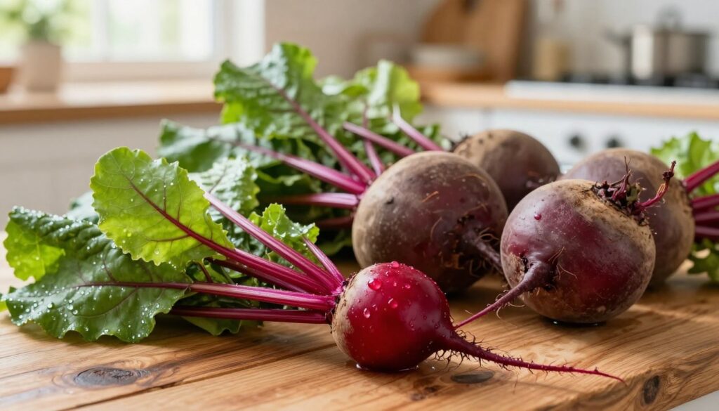 A vibrant and fresh arrangement of young and mature beets displayed artistically on a rustic wooden table. In the foreground, a close-up of young, tender beets with their vibrant green tops still attached, glistening with water droplets, showcasing their freshness. In the middle ground, larger, earthy-toned mature beets, slightly scratched and showing organic texture, are contrasted against the bright greens of the young ones. The background includes a soft-focus of a sunny kitchen setting with warm, natural light streaming in through a window, creating an inviting and cozy atmosphere. The composition emphasizes the freshness and quality of the beets, highlighting their colors—deep reds, earthy browns, and bright greens—evoking a sense of seasonal bounty. A vibrant and fresh arrangement of young and mature beets displayed artistically on a rustic wooden table. In the foreground, a close-up of young, tender beets with their vibrant green tops still attached, glistening with water droplets, showcasing their freshness. In the middle ground, larger, earthy-toned mature beets, slightly scratched and showing organic texture, are contrasted against the bright greens of the young ones. The background includes a soft-focus of a sunny kitchen setting with warm, natural light streaming in through a window, creating an inviting and cozy atmosphere. The composition emphasizes the freshness and quality of the beets, highlighting their colors—deep reds, earthy browns, and bright greens—evoking a sense of seasonal bounty.