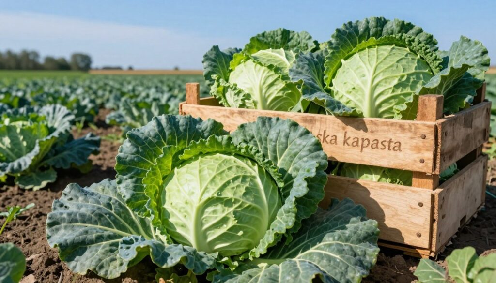 A vibrant and fresh scene showcasing Polish cabbage, known as "polska kapusta," prominently placed in the foreground, showcasing its lush green leaves and crisp texture. The middle ground features a rustic wooden crate filled with cabbages, representing traditional farming methods. In the background, a serene farm landscape displays rows of cabbage plants under clear blue skies, emphasizing the seasonal growth influenced by temperature and cultivation conditions. Natural sunlight bathes the scene, casting soft shadows and enhancing the vivid colors of the cabbages. The atmosphere is inviting and fresh, evoking a sense of agricultural abundance. The focus should be on the rich details of the cabbages without any distractions, creating a peaceful and harmonious rural setting that reflects their unique flavor. A vibrant and fresh scene showcasing Polish cabbage, known as "polska kapusta," prominently placed in the foreground, showcasing its lush green leaves and crisp texture. The middle ground features a rustic wooden crate filled with cabbages, representing traditional farming methods. In the background, a serene farm landscape displays rows of cabbage plants under clear blue skies, emphasizing the seasonal growth influenced by temperature and cultivation conditions. Natural sunlight bathes the scene, casting soft shadows and enhancing the vivid colors of the cabbages. The atmosphere is inviting and fresh, evoking a sense of agricultural abundance. The focus should be on the rich details of the cabbages without any distractions, creating a peaceful and harmonious rural setting that reflects their unique flavor.