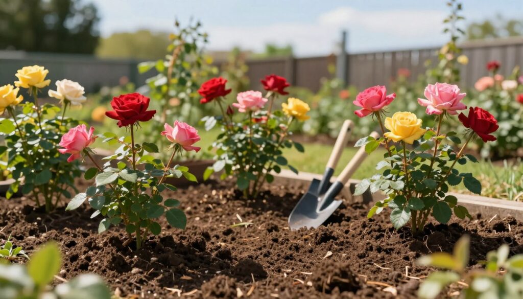 A vibrant and healthy rose garden with well-tended soil, featuring rich, dark-brown earth enriched with compost, displaying the texture and moisture content ideal for rose cultivation. In the foreground, a variety of rose bush cultivars bloom in shades of red, pink, and yellow, showcasing their lush greenery and healthy leaves. The middle ground includes garden tools like a spade and trowel, emphasizing the care involved in planting. The background features a softly blurred fence and a bright blue sky, suggesting a sunny day. The lighting is warm and inviting, enhancing the colors of the roses and creating a serene, nurturing atmosphere suitable for growth. A shallow depth of field focuses on the roses and soil, drawing attention to the perfect conditions for rooting.