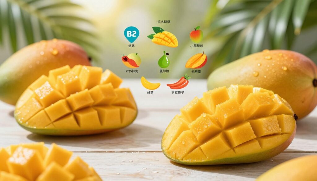 A vibrant and inviting table setting featuring ripe, juicy mangoes sliced open to reveal their golden flesh, with droplets of water glistening on their skin. In the foreground, a close-up of a fresh mango, partially sliced, showcasing its rich color and texture. The middle ground includes a stylized layout of nutritional information, represented visually with colorful icons and images of vitamins and minerals associated with mangoes, harmoniously blending with the fruit. The background is softly blurred with tropical leaves and sunlight filtering through, creating a warm and inviting atmosphere. The lighting is bright and cheerful, emphasizing the freshness and health benefits of the mango, shot from a slightly elevated angle to create depth and focus on the mangoes.