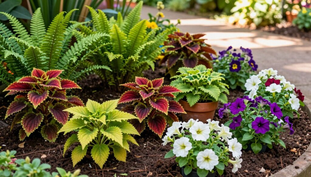 A vibrant and lush display of ornamental plants thriving in nutrient-rich peat soil, showcasing a variety of species such as colorful coleus, elegant ferns, and fragrant petunias. In the foreground, delicate blooms and textured leaves are highlighted, their vivid colors contrasting beautifully against the dark rich peat. The middle ground features arranged flower beds in terracotta pots and garden beds, while the background is softly blurred with hints of a gentle garden path and dappled sunlight filtering through trees, creating a serene and inviting atmosphere. The scene is bathed in warm, natural light, captured from a slightly elevated angle to emphasize the lushness and flourishing health of the plants, evoking a sense of tranquility and beauty in a garden setting. A vibrant and lush display of ornamental plants thriving in nutrient-rich peat soil, showcasing a variety of species such as colorful coleus, elegant ferns, and fragrant petunias. In the foreground, delicate blooms and textured leaves are highlighted, their vivid colors contrasting beautifully against the dark rich peat. The middle ground features arranged flower beds in terracotta pots and garden beds, while the background is softly blurred with hints of a gentle garden path and dappled sunlight filtering through trees, creating a serene and inviting atmosphere. The scene is bathed in warm, natural light, captured from a slightly elevated angle to emphasize the lushness and flourishing health of the plants, evoking a sense of tranquility and beauty in a garden setting.