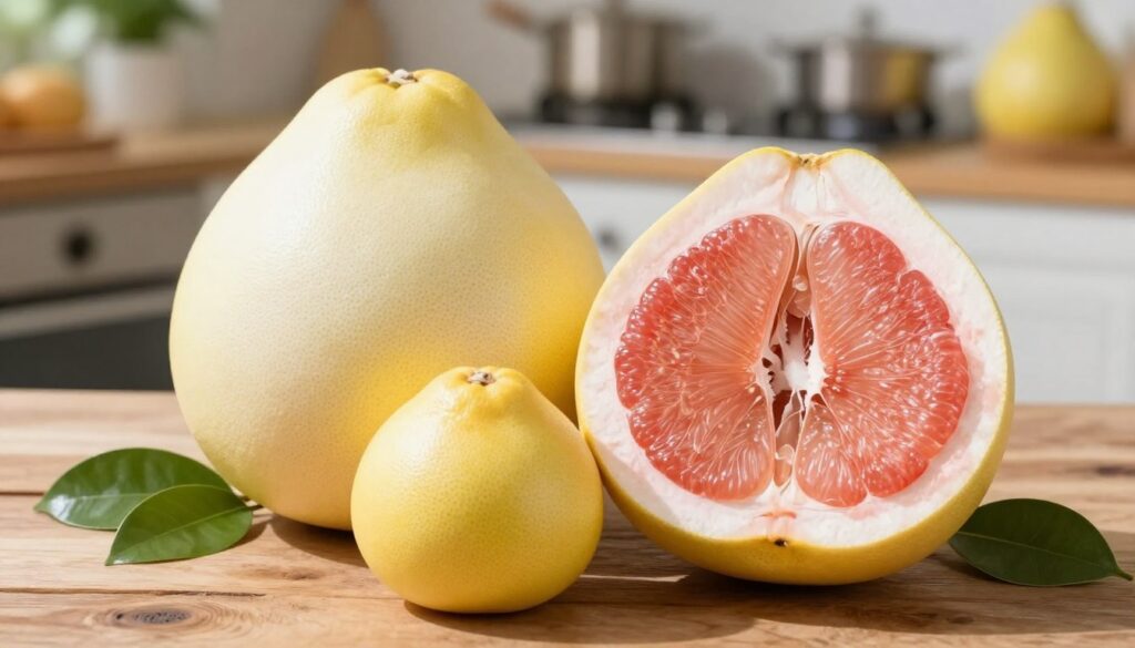 A vibrant arrangement of three varieties of pomelo fruit: a large white pomelo, a pink pomelo cut in half displaying its juicy interior, and a smaller yellow pomelo with a textured skin. In the foreground, place the fruits on a rustic wooden table, with some green leaves scattered around for contrast. In the middle ground, add a soft-focus background of a sunlit kitchen or a market setting, enhancing the warm atmosphere. Use natural light to create gentle highlights and shadows, giving a sense of freshness. The lens should capture a close-up view that emphasizes the colors and textures of each pomelo. Aim for a cheerful and inviting mood that celebrates these delicious fruits.