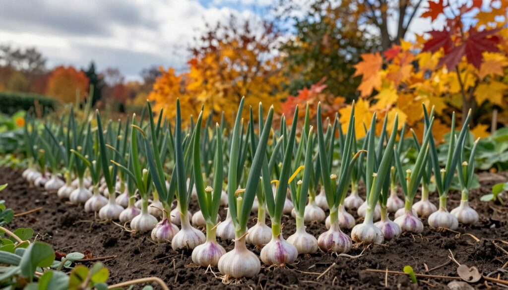 A vibrant autumn garden scene, showcasing a lush patch of garlic bulbs ready for harvest. In the foreground, clusters of garlic with their characteristic white bulbs and green shoots are nestled in rich, dark soil. The middle ground features golden autumn foliage, symbolizing the season, with colorful leaves in hues of orange, red, and yellow surrounding the garlic. In the background, a cloudy sky hints at the crispness of fall, with soft sunlight filtering through the trees, casting gentle shadows. The overall mood conveys a sense of preparation and anticipation for the spring harvest. The image should be captured with a shallow depth of field, focusing on the garlic in sharp detail while softly blurring the background, enhancing the vibrant colors and setting a serene atmosphere. A vibrant autumn garden scene, showcasing a lush patch of garlic bulbs ready for harvest. In the foreground, clusters of garlic with their characteristic white bulbs and green shoots are nestled in rich, dark soil. The middle ground features golden autumn foliage, symbolizing the season, with colorful leaves in hues of orange, red, and yellow surrounding the garlic. In the background, a cloudy sky hints at the crispness of fall, with soft sunlight filtering through the trees, casting gentle shadows. The overall mood conveys a sense of preparation and anticipation for the spring harvest. The image should be captured with a shallow depth of field, focusing on the garlic in sharp detail while softly blurring the background, enhancing the vibrant colors and setting a serene atmosphere.