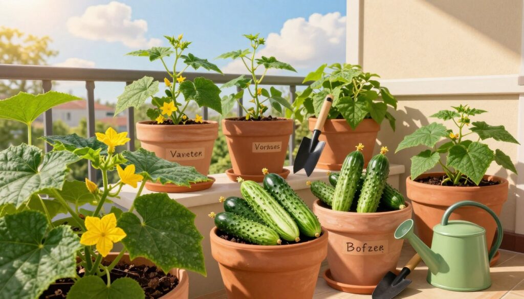 A vibrant balcony garden filled with various cucumber plants, showcasing different cucumber varieties like slicing cucumbers and pickling cucumbers. In the foreground, lush green leaves with intricate veins and bright yellow flowers are visible, signaling healthy growth. The middle ground features well-arranged terracotta pots, each labeled with the variety name, nestled among small gardening tools like a trowel and watering can. At the background, a sunny sky with soft clouds creates a warm, inviting atmosphere. The scene is illuminated by golden hour lighting, casting gentle shadows that enhance the textures of the plants and pots. The mood is cheerful and flourishing, ideal for illustrating the concept of growing cucumbers on a balcony. A vibrant balcony garden filled with various cucumber plants, showcasing different cucumber varieties like slicing cucumbers and pickling cucumbers. In the foreground, lush green leaves with intricate veins and bright yellow flowers are visible, signaling healthy growth. The middle ground features well-arranged terracotta pots, each labeled with the variety name, nestled among small gardening tools like a trowel and watering can. At the background, a sunny sky with soft clouds creates a warm, inviting atmosphere. The scene is illuminated by golden hour lighting, casting gentle shadows that enhance the textures of the plants and pots. The mood is cheerful and flourishing, ideal for illustrating the concept of growing cucumbers on a balcony.