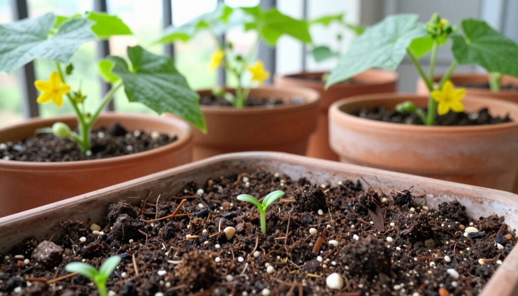 A vibrant, close-up image of a rich, nutrient-dense soil mixture ideal for growing cucumbers in pots. In the foreground, focus on dark, loamy soil with visible organic matter like compost, small pebbles, and a few green sprouting seedlings. In the middle ground, several terracotta pots filled with this soil, showcasing healthy cucumber plants with lush, green leaves and delicate yellow flowers. The background should feature a sunlit balcony with soft, diffused natural light illuminating the scene, enhancing the freshness of the plants. Capture this scene from a slightly elevated angle to emphasize the texture and composition of the soil while providing a sense of the balcony environment. Aim for a tranquil and inviting mood. A vibrant, close-up image of a rich, nutrient-dense soil mixture ideal for growing cucumbers in pots. In the foreground, focus on dark, loamy soil with visible organic matter like compost, small pebbles, and a few green sprouting seedlings. In the middle ground, several terracotta pots filled with this soil, showcasing healthy cucumber plants with lush, green leaves and delicate yellow flowers. The background should feature a sunlit balcony with soft, diffused natural light illuminating the scene, enhancing the freshness of the plants. Capture this scene from a slightly elevated angle to emphasize the texture and composition of the soil while providing a sense of the balcony environment. Aim for a tranquil and inviting mood.