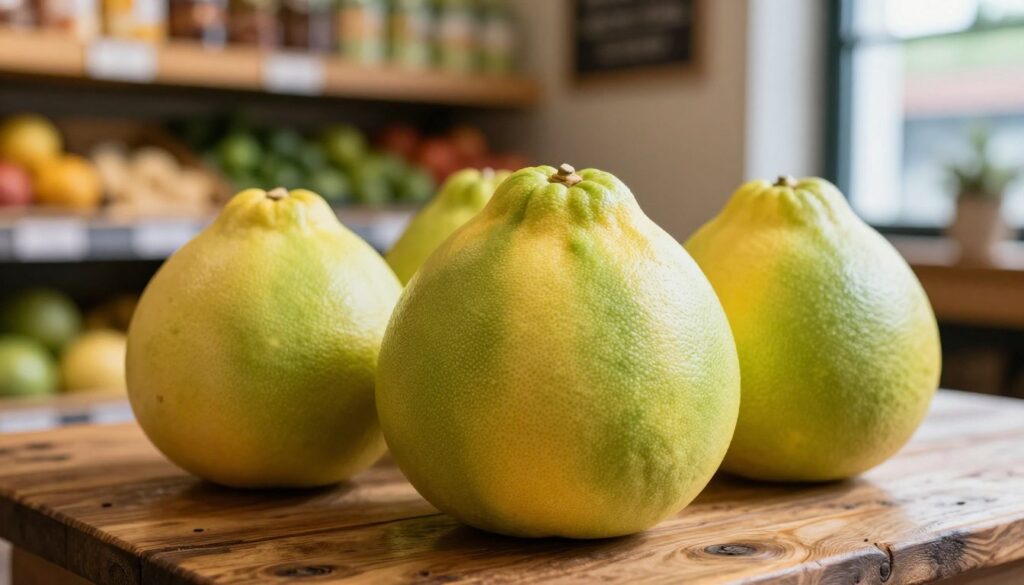 A vibrant, close-up image of a ripe pomelo fruit with its thick, textured skin, showcasing shades of green and yellow. The foreground features a few pomelo fruits artfully arranged on a rustic wooden table, highlighting their size and unique characteristics, such as dimples and contours. In the background, soft-focus elements include a cozy Polish grocery store interior with wooden shelves and fresh produce displayed, emphasizing the local context. Natural light filters in through a nearby window, casting gentle shadows and illuminating the pomelo's surface, creating a warm and inviting atmosphere. The composition is balanced, with deep focus on the fruits in the foreground, inviting the viewer to appreciate their freshness and exotic appeal.