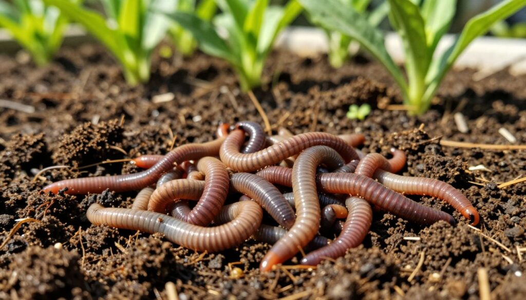 A vibrant close-up of California earthworms in rich, dark, moist soil, showcasing their elongated, segmented bodies and glistening texture. In the foreground, a cluster of earthworms tangled together, demonstrating their organic shapes and earthy tones, surrounded by small particles of soil. In the middle ground, the soil is dotted with nutrient-rich compost, emphasizing the natural process of composting. In the background, soft-focus green plants thrive, illustrating the connection between healthy soil and flourishing plant life. The scene is bathed in warm, natural sunlight, enhancing the colors and creating a lively, organic atmosphere. A shallow depth of field adds focus to the worms, inviting viewers to appreciate their role in sustainable gardening practices.