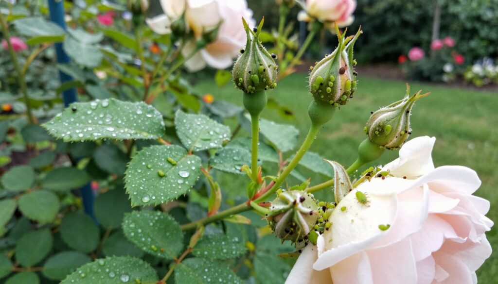 A vibrant close-up of a healthy rose bush heavily infested with green aphids, showcasing their impact on the delicate leaves and petals. The foreground features several clusters of aphids clearly visible on the rose buds, highlighting their texture and color. The middle ground reveals lush green foliage, with dew drops glistening in the early morning light. In the background, a blurred garden scene hints at other flowering plants, creating a vibrant, thriving atmosphere. Soft, natural lighting enhances the freshness of the dew and the details of both the aphids and the roses. The composition is shot from a slight upward angle, emphasizing the interaction between the pests and the plant, evoking a sense of urgency to address the aphid problem effectively. A vibrant close-up of a healthy rose bush heavily infested with green aphids, showcasing their impact on the delicate leaves and petals. The foreground features several clusters of aphids clearly visible on the rose buds, highlighting their texture and color. The middle ground reveals lush green foliage, with dew drops glistening in the early morning light. In the background, a blurred garden scene hints at other flowering plants, creating a vibrant, thriving atmosphere. Soft, natural lighting enhances the freshness of the dew and the details of both the aphids and the roses. The composition is shot from a slight upward angle, emphasizing the interaction between the pests and the plant, evoking a sense of urgency to address the aphid problem effectively.