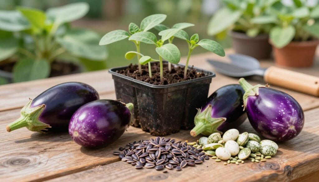 A vibrant close-up of diverse eggplant seed varieties arranged on a rustic wooden table. In the foreground, showcase glossy, rich purple seeds along with speckled white and green seeds, highlighting their unique textures. The middle ground features a small pot with healthy, young eggplant seedlings thriving under natural sunlight, with gentle shadows adding depth. The background features soft-focus garden elements, such as leafy plants and garden tools, creating a tranquil garden atmosphere. Soft, diffused lighting enhances the natural colors, capturing the essence of growth and cultivation. The mood is serene and hopeful, reflecting the anticipation of the growing season ahead.