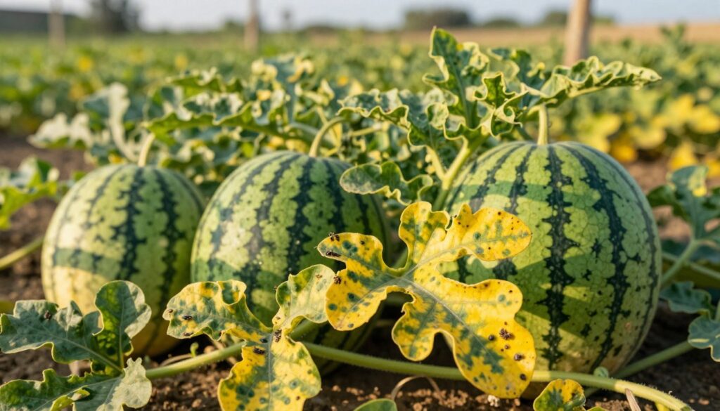 A vibrant, close-up view of a watermelon plant showing signs of diseases and pests. In the foreground, detailed leaves exhibit yellowing and spots, while small pests like aphids are clearly visible. In the middle ground, several ripe watermelons are partially obscured by leaves, presenting a healthy contrast to the affected foliage. The background features a sunlit farm scene with rows of watermelon plants, evoking a sense of growth and cultivation. The lighting is warm, with soft shadows enhancing the textures. The atmosphere feels slightly tense, reflecting the challenges of watermelon cultivation. Use a shallow depth of field to focus sharply on the plant details while softly blurring the distant landscape.
