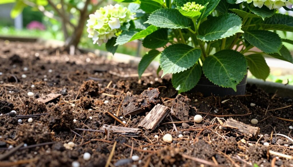 A vibrant close-up view of rich, dark soil mixed with pine bark and organic matter, showcasing a healthy substrate ideal for hydrangeas. In the foreground, several chunks of nutrient-rich compost and small pebbles are visibly integrated into the soil. In the middle ground, a beautifully arranged pot holding a blooming hydrangea plant with lush, deep green leaves, illustrating its vigorous growth. The background features a soft-focus garden setting with hints of sunlight filtering through tree leaves, casting gentle shadows. The lighting should evoke a warm, inviting atmosphere, suggesting vibrancy and life, as if it is a bright, sunny day. The angle should be slightly tilted to emphasize the texture of the soil and the beauty of the plant, creating an engaging composition without any text or overlays. A vibrant close-up view of rich, dark soil mixed with pine bark and organic matter, showcasing a healthy substrate ideal for hydrangeas. In the foreground, several chunks of nutrient-rich compost and small pebbles are visibly integrated into the soil. In the middle ground, a beautifully arranged pot holding a blooming hydrangea plant with lush, deep green leaves, illustrating its vigorous growth. The background features a soft-focus garden setting with hints of sunlight filtering through tree leaves, casting gentle shadows. The lighting should evoke a warm, inviting atmosphere, suggesting vibrancy and life, as if it is a bright, sunny day. The angle should be slightly tilted to emphasize the texture of the soil and the beauty of the plant, creating an engaging composition without any text or overlays.