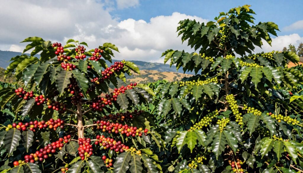 A vibrant coffee plantation scene showcasing both Arabica and Robusta coffee plants side by side. In the foreground, lush green Arabica coffee bushes are laden with ripe, red cherries, reflecting the high-quality beans they produce. Beside them, robust, wider-leaved Robusta plants display clusters of smaller, green cherries, indicative of their hardiness. The middle ground features a soft, sunlit atmosphere filtering through light clouds, enhancing the rich colors of the plants. In the background, gentle rolling hills and distant mountains create depth, while a clear blue sky adds a serene feel to the environment. The scene conveys a tranquil yet thriving agricultural setting, highlighting the unique characteristics of these two coffee varieties.