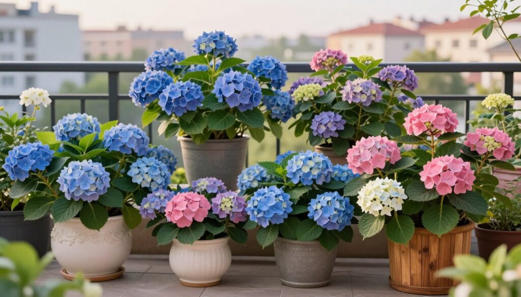A vibrant collection of various hydrangea varieties in decorative pots, arranged artistically on a balcony setting. The foreground features vivid, blooming hydrangeas in shades of blue, pink, and white, with lush green foliage spilling over the edges of elegant ceramic and wooden planters. In the middle ground, additional potted hydrangeas create a harmonious symphony of colors, showcasing the diversity of shapes and sizes among the blooms. The background reveals a softly blurred cityscape under gentle morning light, casting a warm, inviting glow over the scene. The atmosphere feels fresh and lively, perfect for an early summer morning, conveying the beauty and charm of balcony gardening in the Polish climate. The image is captured from a slightly elevated angle to highlight the arrangement, focusing on botanical details and textures. A vibrant collection of various hydrangea varieties in decorative pots, arranged artistically on a balcony setting. The foreground features vivid, blooming hydrangeas in shades of blue, pink, and white, with lush green foliage spilling over the edges of elegant ceramic and wooden planters. In the middle ground, additional potted hydrangeas create a harmonious symphony of colors, showcasing the diversity of shapes and sizes among the blooms. The background reveals a softly blurred cityscape under gentle morning light, casting a warm, inviting glow over the scene. The atmosphere feels fresh and lively, perfect for an early summer morning, conveying the beauty and charm of balcony gardening in the Polish climate. The image is captured from a slightly elevated angle to highlight the arrangement, focusing on botanical details and textures.