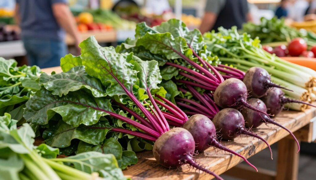 A vibrant display of fresh botwinka, or young beet greens, prominently featured in the foreground with glossy, deep green leaves and bright crimson stems. The middle ground showcases a rustic wooden market table adorned with organic vegetables, including young beetroots with their rich purple skin still attached, intertwined with tender greens. In the background, a soft-focus scene of a lively farmers' market filled with colorful produce and shoppers in casual attire under warm, golden sunlight creates an inviting atmosphere. The lighting is bright and natural, highlighting the freshness of the botwinka, while the focus is sharp on the foreground elements, creating a sense of abundance and seasonal delight. The overall mood is vibrant and cheerful, reflecting the joy of fresh produce at its peak. A vibrant display of fresh botwinka, or young beet greens, prominently featured in the foreground with glossy, deep green leaves and bright crimson stems. The middle ground showcases a rustic wooden market table adorned with organic vegetables, including young beetroots with their rich purple skin still attached, intertwined with tender greens. In the background, a soft-focus scene of a lively farmers' market filled with colorful produce and shoppers in casual attire under warm, golden sunlight creates an inviting atmosphere. The lighting is bright and natural, highlighting the freshness of the botwinka, while the focus is sharp on the foreground elements, creating a sense of abundance and seasonal delight. The overall mood is vibrant and cheerful, reflecting the joy of fresh produce at its peak.