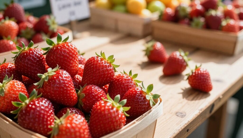 A vibrant display of fresh strawberries in a picturesque farmer's market setting, emphasizing their deep red color and glistening freshness. In the foreground, a woven basket overflowing with plump, ripe strawberries, some with green leafy stems still attached. The middle ground features a rustic wooden table, with a few strawberries scattered around, showcasing their texture and details. The background is softly blurred, hinting at sunlit stalls filled with various fruits, creating a warm and inviting atmosphere. Soft, natural lighting highlights the strawberries, casting subtle shadows, while the overall mood conveys freshness and the anticipation of summer harvests. The angle captures the scene from a slightly elevated perspective, adding depth and inviting the viewer into the vibrant world of fresh produce. A vibrant display of fresh strawberries in a picturesque farmer's market setting, emphasizing their deep red color and glistening freshness. In the foreground, a woven basket overflowing with plump, ripe strawberries, some with green leafy stems still attached. The middle ground features a rustic wooden table, with a few strawberries scattered around, showcasing their texture and details. The background is softly blurred, hinting at sunlit stalls filled with various fruits, creating a warm and inviting atmosphere. Soft, natural lighting highlights the strawberries, casting subtle shadows, while the overall mood conveys freshness and the anticipation of summer harvests. The angle captures the scene from a slightly elevated perspective, adding depth and inviting the viewer into the vibrant world of fresh produce.