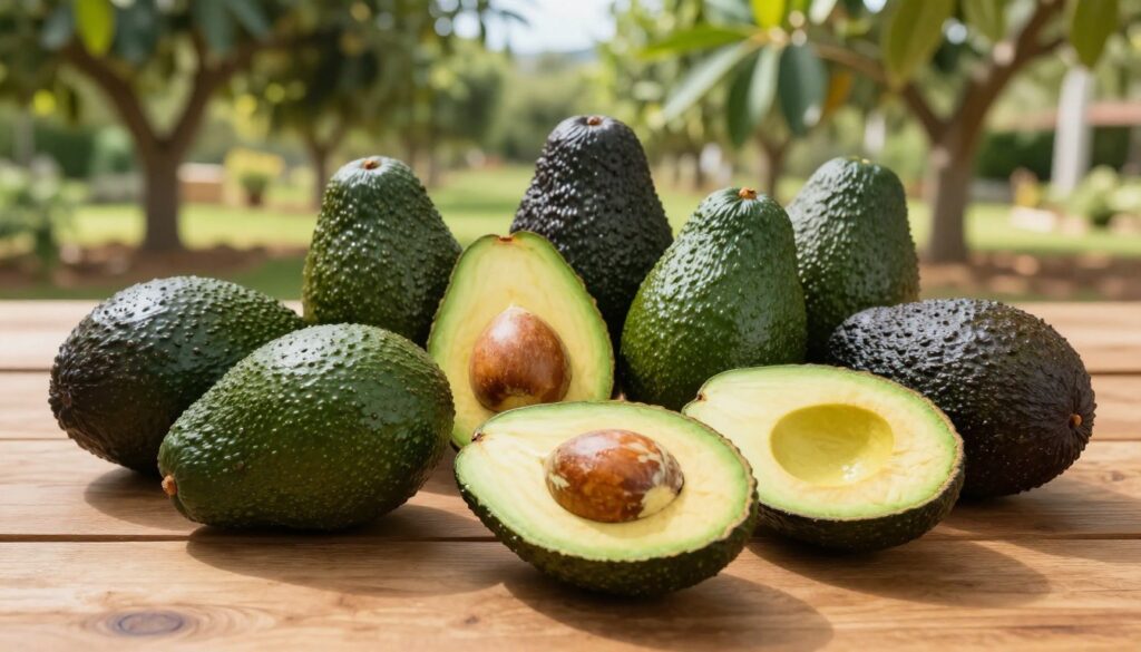 A vibrant display of various avocado varieties on a wooden table, showcasing their distinct shapes and colors—ranging from smooth-skinned Hass avocados to the green, knobbly Fuerte and the bright green Bacon. In the foreground, focus on half an avocado, revealing its creamy flesh and large pit, glistening with a hint of moisture. The middle ground features a variety of whole avocados artistically arranged, some cut open, with a soft, diffused natural light illuminating the scene, creating gentle shadows. In the background, lush avocado trees are visible, reflecting a sunny day in a Mediterranean garden, evoking a fresh and inviting atmosphere. The mood is warm and organic, perfect for emphasizing the subject of selecting ripe avocados.