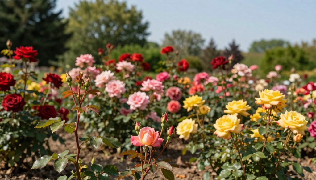 A vibrant display of various rose varieties in a lush garden setting, showcasing their unique colors and forms. In the foreground, feature a close-up of healthy rose stems with freshly sprouted leaves and blooms, emphasizing robust growth. The middle ground should capture a diverse array of rose bushes displaying shades from deep reds to soft pinks and warm yellows, demonstrating their beauty and vitality. In the background, create a soft-focus effect of green foliage and a clear blue sky to enhance the garden atmosphere. Use warm, natural lighting to evoke a peaceful and encouraging mood, capturing the essence of springtime renewal in this botanical scene. The image should be composed with a slight tilt angle, focusing on the resilience and potential for regeneration in these thriving rose varieties. A vibrant display of various rose varieties in a lush garden setting, showcasing their unique colors and forms. In the foreground, feature a close-up of healthy rose stems with freshly sprouted leaves and blooms, emphasizing robust growth. The middle ground should capture a diverse array of rose bushes displaying shades from deep reds to soft pinks and warm yellows, demonstrating their beauty and vitality. In the background, create a soft-focus effect of green foliage and a clear blue sky to enhance the garden atmosphere. Use warm, natural lighting to evoke a peaceful and encouraging mood, capturing the essence of springtime renewal in this botanical scene. The image should be composed with a slight tilt angle, focusing on the resilience and potential for regeneration in these thriving rose varieties.