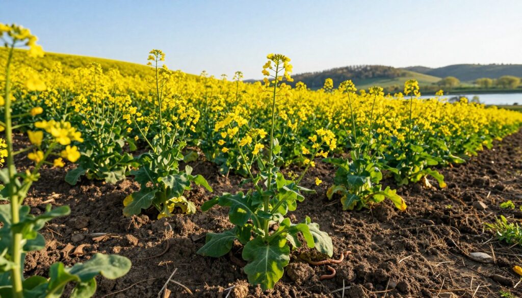 A vibrant field of rapeseed plants (Rzepak) in full bloom, showcasing bright yellow flowers and lush green leaves. In the foreground, focus on the healthy, rich soil, illustrating its texture and moisture content, with small signs of earthworms and organic matter enhancing the soil health. The middle ground captures the rolling waves of the rapeseed field under a clear blue sky, with the sunlight casting warm, golden tones over the landscape. In the background, a gentle gradient of hills dotted with trees and a serene body of water reflecting the light, symbolizing the ecological benefits of this crop rotation. A soft, hopeful atmosphere prevails, highlighting the relationship between plant growth and soil nourishment. Natural lighting, wide-angle perspective, and a warm color palette emphasize this thriving ecosystem. A vibrant field of rapeseed plants (Rzepak) in full bloom, showcasing bright yellow flowers and lush green leaves. In the foreground, focus on the healthy, rich soil, illustrating its texture and moisture content, with small signs of earthworms and organic matter enhancing the soil health. The middle ground captures the rolling waves of the rapeseed field under a clear blue sky, with the sunlight casting warm, golden tones over the landscape. In the background, a gentle gradient of hills dotted with trees and a serene body of water reflecting the light, symbolizing the ecological benefits of this crop rotation. A soft, hopeful atmosphere prevails, highlighting the relationship between plant growth and soil nourishment. Natural lighting, wide-angle perspective, and a warm color palette emphasize this thriving ecosystem.