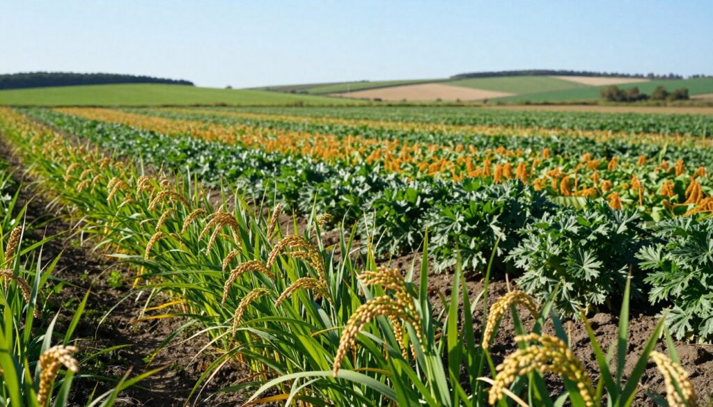 A vibrant field of winter rye interspersed with lush green cover crops and mixed legumes, creating a harmonious blend of colors. In the foreground, a close-up view of healthy rye plants with vibrant green leaves and golden seed heads swaying gently in the breeze. In the middle ground, rows of mixed crops showcasing their rich foliage and improved biomass. Soft sunlight bathes the scene, casting gentle shadows. In the background, a peaceful countryside landscape with rolling hills, under a clear blue sky, creates an impression of harmony and growth. The overall atmosphere is serene and optimistic, reflecting the nurturing qualities of the soil and its potential for better agricultural outcomes. Focused and crisp details, with a wide-angle lens capturing the breadth of the field and the richness of the crops. A vibrant field of winter rye interspersed with lush green cover crops and mixed legumes, creating a harmonious blend of colors. In the foreground, a close-up view of healthy rye plants with vibrant green leaves and golden seed heads swaying gently in the breeze. In the middle ground, rows of mixed crops showcasing their rich foliage and improved biomass. Soft sunlight bathes the scene, casting gentle shadows. In the background, a peaceful countryside landscape with rolling hills, under a clear blue sky, creates an impression of harmony and growth. The overall atmosphere is serene and optimistic, reflecting the nurturing qualities of the soil and its potential for better agricultural outcomes. Focused and crisp details, with a wide-angle lens capturing the breadth of the field and the richness of the crops.
