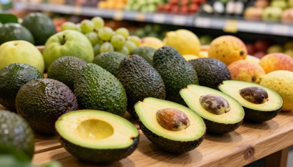 A vibrant, fresh avocado display arranged artfully on a wooden table. In the foreground, several ripe avocados are cut in half, revealing their creamy green flesh and dark pits. In the middle ground, whole avocados of various sizes are elegantly grouped alongside ripe and unripe fruits, showcasing their seasonal diversity. In the background, softly blurred grocery store shelves filled with fresh produce provide context, with warm lighting casting a natural glow on the scene. The angle is slightly overhead, emphasizing the texture of the avocados and the freshness of the produce. The atmosphere is inviting and lively, reflecting the year-round availability and seasonal nuances of avocados in Polish stores.
