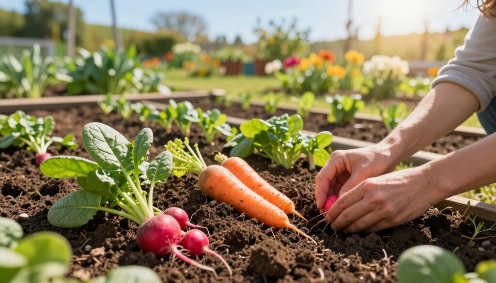 A vibrant garden bed in early spring showcasing a variety of vegetables being sown directly into the soil. In the foreground, gardener hands are gently planting seeds of radishes, carrots, and spinach, with rich, dark soil and small clumps of earth visible. The middle ground features neatly arranged rows of freshly planted vegetables, with green seedlings just beginning to emerge. In the background, there are soft-focus flowering plants and a clear blue sky, suggesting a sunny day filled with optimism. The lighting is warm and natural, casting gentle shadows that add depth to the scene. The atmosphere is peaceful and nurturing, embodying the promise of new growth for the month ahead.
