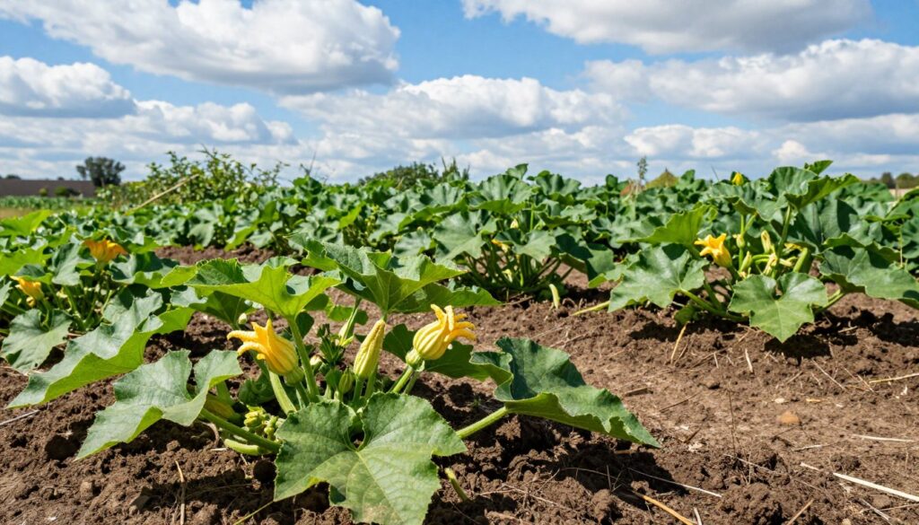 A vibrant garden bed specifically prepared for growing pumpkins, showcasing rich, dark brown soil with visible tilth and organic matter, indicating its health and fertility. In the foreground, lush green pumpkin leaves are unfurling alongside small, plump yellow pumpkin blossoms, hinting at a fruitful harvest. The middle layer features several well-placed rows of strong, healthy pumpkin plants, demonstrating the importance of proper soil and positioning for robust growth. The background showcases a bright blue sky with fluffy white clouds, casting dappled sunlight that highlights the texture of the soil and the vibrant greenery. The scene conveys a sense of warmth and nurturing, ideal for cultivating pumpkins, with an atmosphere that emphasizes growth and vitality, taken from a slightly elevated angle to capture depth and detail. A vibrant garden bed specifically prepared for growing pumpkins, showcasing rich, dark brown soil with visible tilth and organic matter, indicating its health and fertility. In the foreground, lush green pumpkin leaves are unfurling alongside small, plump yellow pumpkin blossoms, hinting at a fruitful harvest. The middle layer features several well-placed rows of strong, healthy pumpkin plants, demonstrating the importance of proper soil and positioning for robust growth. The background showcases a bright blue sky with fluffy white clouds, casting dappled sunlight that highlights the texture of the soil and the vibrant greenery. The scene conveys a sense of warmth and nurturing, ideal for cultivating pumpkins, with an atmosphere that emphasizes growth and vitality, taken from a slightly elevated angle to capture depth and detail.