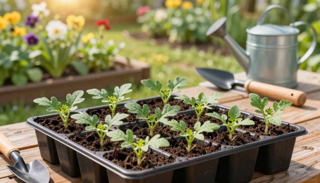 A vibrant garden scene depicting the essential time for sowing watermelon seeds, focusing on a neat seedling tray filled with young watermelon plants ready for transplanting. In the foreground, the tray is filled with rich, dark soil, each seedling showcasing bright green leaves. The middle ground features a sunny outdoor setting with a rustic wooden garden table holding gardening tools like a small trowel and watering can. In the background, a lush garden is visible with blooming flowers and leafy plants, bathed in warm sunlight. The lighting is soft and inviting, suggesting the early days of spring. The overall mood is hopeful and energetic, evoking the anticipation of a fruitful harvest. A vibrant garden scene depicting the essential time for sowing watermelon seeds, focusing on a neat seedling tray filled with young watermelon plants ready for transplanting. In the foreground, the tray is filled with rich, dark soil, each seedling showcasing bright green leaves. The middle ground features a sunny outdoor setting with a rustic wooden garden table holding gardening tools like a small trowel and watering can. In the background, a lush garden is visible with blooming flowers and leafy plants, bathed in warm sunlight. The lighting is soft and inviting, suggesting the early days of spring. The overall mood is hopeful and energetic, evoking the anticipation of a fruitful harvest.