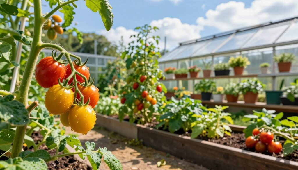 A vibrant garden scene featuring a variety of cherry tomato plants, showcasing different cultivars. In the foreground, plump red and yellow cherry tomatoes hang on green vines, with glistening dew drops reflecting sunlight. The middle ground displays well-tended raised garden beds filled with lush foliage and clusters of ripe tomatoes, alongside pots with thriving plants on a balcony. In the background, a greenhouse with clear panels allows light to bathe the scene, while a bright blue sky dotted with fluffy clouds enhances the cheerful atmosphere. The image is well-lit with warm sunlight, creating a lively, inviting mood, shot from a slightly elevated angle to capture the full beauty of the garden. No text or logos. A vibrant garden scene featuring a variety of cherry tomato plants, showcasing different cultivars. In the foreground, plump red and yellow cherry tomatoes hang on green vines, with glistening dew drops reflecting sunlight. The middle ground displays well-tended raised garden beds filled with lush foliage and clusters of ripe tomatoes, alongside pots with thriving plants on a balcony. In the background, a greenhouse with clear panels allows light to bathe the scene, while a bright blue sky dotted with fluffy clouds enhances the cheerful atmosphere. The image is well-lit with warm sunlight, creating a lively, inviting mood, shot from a slightly elevated angle to capture the full beauty of the garden. No text or logos.