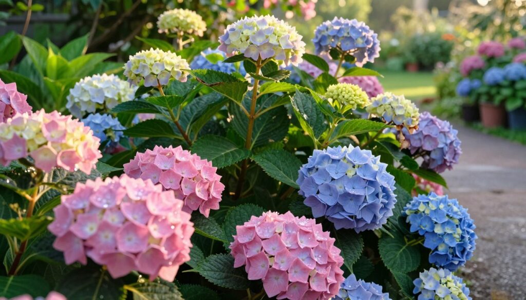 A vibrant garden scene featuring a variety of “hydrangea macrophylla” (hortensja ogrodowa) in full bloom, showcasing large, round clusters of pink, blue, and white flowers. In the foreground, focus on the lush blossoms with dew drops glistening in the soft morning sunlight. The middle ground reveals green foliage and slightly wilted blooms, suggesting the challenges of growing hydrangeas in direct sunlight. The background features an inviting garden path and hints of other plants, adding depth to the composition. Use warm, golden lighting to create a serene atmosphere, emphasizing the beauty and struggle of these flowers. Capture the scene from a slightly elevated angle to provide a comprehensive view of the garden setting, with a shallow depth of field for a dreamy quality. A vibrant garden scene featuring a variety of “hydrangea macrophylla” (hortensja ogrodowa) in full bloom, showcasing large, round clusters of pink, blue, and white flowers. In the foreground, focus on the lush blossoms with dew drops glistening in the soft morning sunlight. The middle ground reveals green foliage and slightly wilted blooms, suggesting the challenges of growing hydrangeas in direct sunlight. The background features an inviting garden path and hints of other plants, adding depth to the composition. Use warm, golden lighting to create a serene atmosphere, emphasizing the beauty and struggle of these flowers. Capture the scene from a slightly elevated angle to provide a comprehensive view of the garden setting, with a shallow depth of field for a dreamy quality.