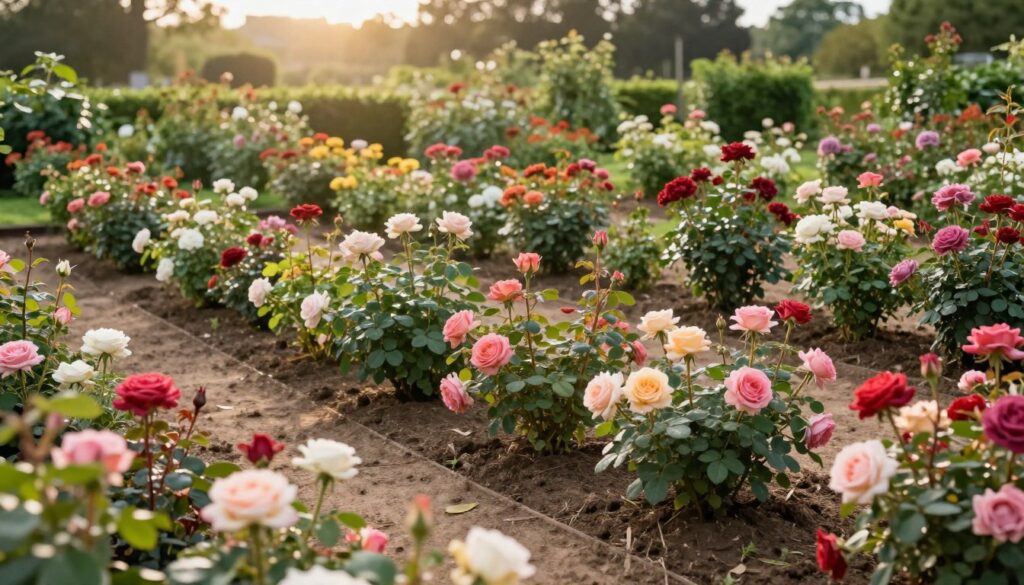 A vibrant garden scene featuring a variety of rose plants (ruz) arranged in an optimal spacing layout. In the foreground, showcase a diverse selection of rose varieties, each with distinct colors and shapes, such as hybrid teas, floribundas, and climbing roses. The middle ground displays healthy foliage with well-defined planting spaces that emphasize proper growth habits and target widths of the bushes. The background is a softly blurred landscape of lush greenery and warm sunlight streaming through, enhancing the tranquil atmosphere. Utilize soft, diffused lighting to highlight the textures of the rose petals and leaves, creating a serene and inviting ambiance. Capture the scene from a slightly elevated angle to provide a comprehensive view of the spacing arrangement and plant diversity. A vibrant garden scene featuring a variety of rose plants (ruz) arranged in an optimal spacing layout. In the foreground, showcase a diverse selection of rose varieties, each with distinct colors and shapes, such as hybrid teas, floribundas, and climbing roses. The middle ground displays healthy foliage with well-defined planting spaces that emphasize proper growth habits and target widths of the bushes. The background is a softly blurred landscape of lush greenery and warm sunlight streaming through, enhancing the tranquil atmosphere. Utilize soft, diffused lighting to highlight the textures of the rose petals and leaves, creating a serene and inviting ambiance. Capture the scene from a slightly elevated angle to provide a comprehensive view of the spacing arrangement and plant diversity.