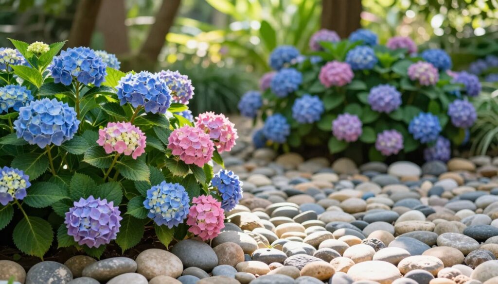 A vibrant garden scene featuring lush hydrangeas in full bloom, surrounded by a decorative layer of smooth stones. In the foreground, clusters of large, colorful hydrangea flowers, displaying shades of blue and pink, are interspersed with green leaves. The middle ground showcases a neatly arranged bed of polished pebbles, gently surrounding the plants, creating a visual contrast that enhances the garden’s aesthetics while minimizing weed growth. In the background, soft sunlight filters through the leaves of nearby trees, casting gentle shadows and creating a warm, inviting atmosphere. The overall mood is serene and harmonious, highlighting the beauty of nature in a well-maintained garden setting. The image is captured with a shallow depth of field, blurring the background slightly, emphasizing the hydrangeas and their stone surroundings. A vibrant garden scene featuring lush hydrangeas in full bloom, surrounded by a decorative layer of smooth stones. In the foreground, clusters of large, colorful hydrangea flowers, displaying shades of blue and pink, are interspersed with green leaves. The middle ground showcases a neatly arranged bed of polished pebbles, gently surrounding the plants, creating a visual contrast that enhances the garden’s aesthetics while minimizing weed growth. In the background, soft sunlight filters through the leaves of nearby trees, casting gentle shadows and creating a warm, inviting atmosphere. The overall mood is serene and harmonious, highlighting the beauty of nature in a well-maintained garden setting. The image is captured with a shallow depth of field, blurring the background slightly, emphasizing the hydrangeas and their stone surroundings.